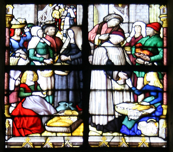 Detail of window by Arnold of Nijmegen, 15th century, Tournai Cathedral, Belgium. The window is part of a series telling the history of the granting of taxation rights to the church. Image held by Jean-Pol Grandmont and used under Creative Commons License 3.0.