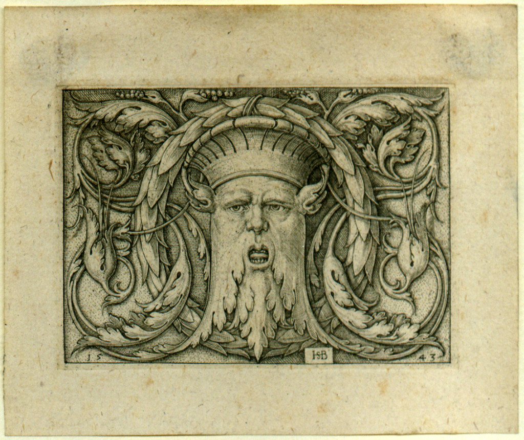 Beham, (Hans) Sebald (1500-1550): Querfüllung mit der Maske. Panel with Amascaron. Kupferstich/engraving. Source: Wikimedia Commons https://commons.wikimedia.org/wiki/File:Panel_with_Amascaron.jpg