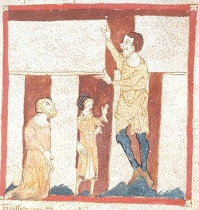 Image showing Merlin directing the building of Stonehenge by a giant. From the Roman de Brut by Wace, from the Manuscript Egerton 3028 in the British Library. This is a faithful photographic reproduction of a two-dimensional, public domain work of art.